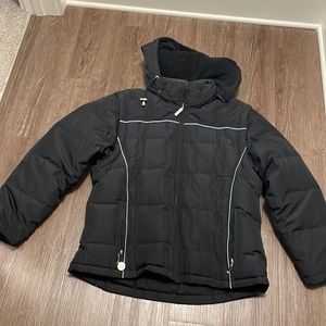 Women’s Size Large Thick Winter Coat Black w/ Baby Blue Stripes